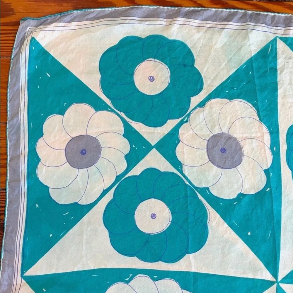 Vintage Vera Neumann Silk Scarf Blue Mod Floral Geometric Signed Hand Rolled